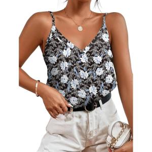 imageZeagoo Camisole Tops for Women VNeck Spaghetti Strap Tank Top Long Sexy Flowy Summer Textured Sleeveless TopsFloral1