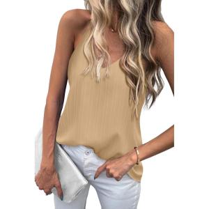 imageZeagoo Camisole Tops for Women VNeck Spaghetti Strap Tank Top Long Sexy Flowy Summer Textured Sleeveless TopsKhaki