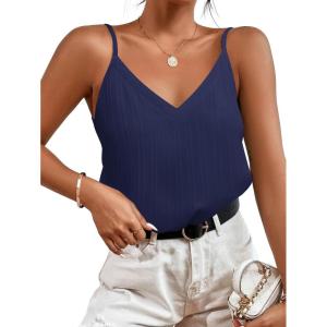 imageZeagoo Camisole Tops for Women VNeck Spaghetti Strap Tank Top Long Sexy Flowy Summer Textured Sleeveless TopsNavy Blue