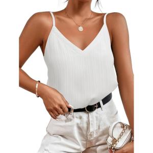 imageZeagoo Camisole Tops for Women VNeck Spaghetti Strap Tank Top Long Sexy Flowy Summer Textured Sleeveless TopsWhite