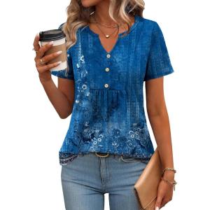 imageZeagoo Womens Short Sleeve Tops Summer Henley VNeck Tshirts Casual Pleated Blouse Dressy Loose Floral Basic TeeBlue Ethnic Floral