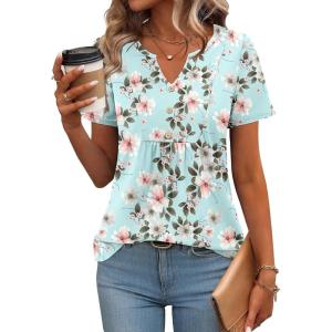 imageZeagoo Womens Short Sleeve Tops Summer Henley VNeck Tshirts Casual Pleated Blouse Dressy Loose Floral Basic TeeBlue Floral