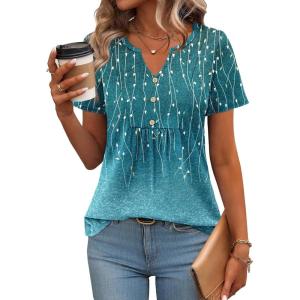 imageZeagoo Womens Short Sleeve Tops Summer Henley VNeck Tshirts Casual Pleated Blouse Dressy Loose Floral Basic TeeBlue Floral Print