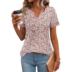 imageZeagoo Womens Short Sleeve Tops Summer Henley VNeck Tshirts Casual Pleated Blouse Dressy Loose Floral Basic TeeBlue Pink Floral