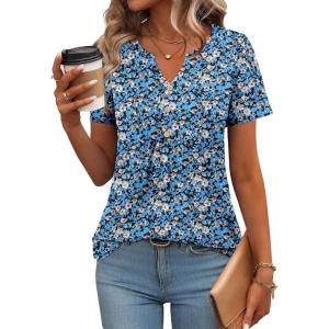 imageZeagoo Womens Short Sleeve Tops Summer Henley VNeck Tshirts Casual Pleated Blouse Dressy Loose Floral Basic TeeBlue Yellow Floral