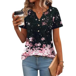 imageZeagoo Womens Short Sleeve Tops Summer Henley VNeck Tshirts Casual Pleated Blouse Dressy Loose Floral Basic TeeGradient Flowersblack and Pink