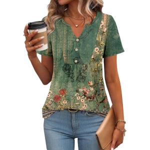 imageZeagoo Womens Short Sleeve Tops Summer Henley VNeck Tshirts Casual Pleated Blouse Dressy Loose Floral Basic TeeGreen Ethnic Pattern