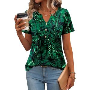 imageZeagoo Womens Short Sleeve Tops Summer Henley VNeck Tshirts Casual Pleated Blouse Dressy Loose Floral Basic TeeGreen Leaf Floral