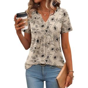 imageZeagoo Womens Short Sleeve Tops Summer Henley VNeck Tshirts Casual Pleated Blouse Dressy Loose Floral Basic TeeLight Coffee Floral
