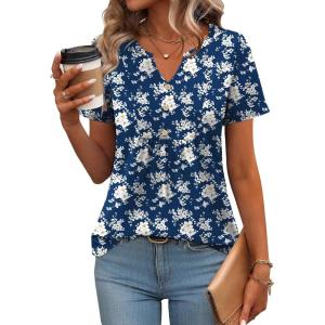 imageZeagoo Womens Short Sleeve Tops Summer Henley VNeck Tshirts Casual Pleated Blouse Dressy Loose Floral Basic TeeNavy Blue White Floral