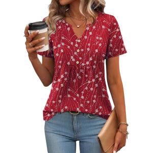 imageZeagoo Womens Short Sleeve Tops Summer Henley VNeck Tshirts Casual Pleated Blouse Dressy Loose Floral Basic TeeRed Floral