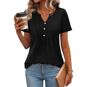 imageZeagoo Womens Short Sleeve Tops Summer Henley VNeck Tshirts Casual Pleated Blouse Dressy Loose Floral Basic TeeSolid Black