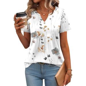 imageZeagoo Womens Short Sleeve Tops Summer Henley VNeck Tshirts Casual Pleated Blouse Dressy Loose Floral Basic TeeWhite Floral