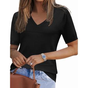 imageZeagoo Womens Summer Sweater Casual Short Sleeve Pullover Tops V Neck Lightweight Shirts Ribbed Knit Dressy BlouseBlack