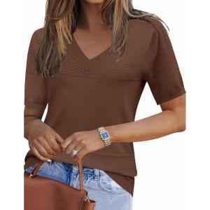 imageZeagoo Womens Summer Sweater Casual Short Sleeve Pullover Tops V Neck Lightweight Shirts Ribbed Knit Dressy BlouseCoffee