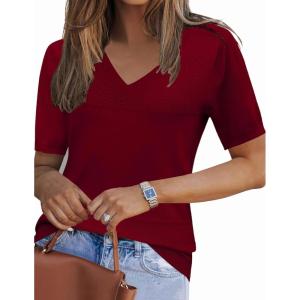 imageZeagoo Womens Summer Sweater Casual Short Sleeve Pullover Tops V Neck Lightweight Shirts Ribbed Knit Dressy BlouseWine Red