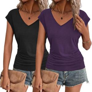 imageZeagoo Womens Summer Tops Cute V Neck Cap Sleeve Tshirts Loose Fit Dressy Casual Shirts Ruched Top TeesBlack purple