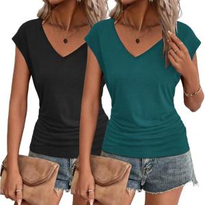 imageZeagoo Womens Summer Tops Cute V Neck Cap Sleeve Tshirts Loose Fit Dressy Casual Shirts Ruched Top TeesBlack teal