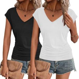 imageZeagoo Womens Summer Tops Cute V Neck Cap Sleeve Tshirts Loose Fit Dressy Casual Shirts Ruched Top TeesBlack white