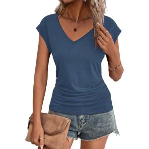 imageZeagoo Womens Summer Tops Cute V Neck Cap Sleeve Tshirts Loose Fit Dressy Casual Shirts Ruched Top TeesBlue