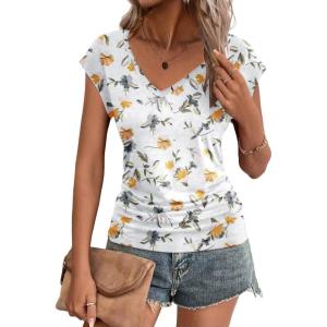 imageZeagoo Womens Summer Tops Cute V Neck Cap Sleeve Tshirts Loose Fit Dressy Casual Shirts Ruched Top TeesFloral White