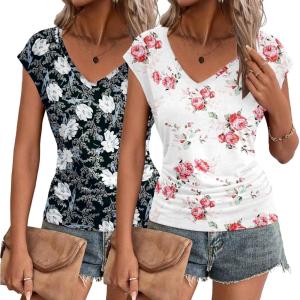 imageZeagoo Womens Summer Tops Cute V Neck Cap Sleeve Tshirts Loose Fit Dressy Casual Shirts Ruched Top TeesFlower Black flower White
