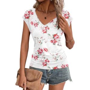 imageZeagoo Womens Summer Tops Cute V Neck Cap Sleeve Tshirts Loose Fit Dressy Casual Shirts Ruched Top TeesFlower White