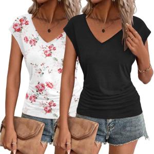 imageZeagoo Womens Summer Tops Cute V Neck Cap Sleeve Tshirts Loose Fit Dressy Casual Shirts Ruched Top TeesFlower White black