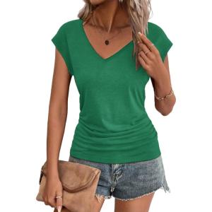 imageZeagoo Womens Summer Tops Cute V Neck Cap Sleeve Tshirts Loose Fit Dressy Casual Shirts Ruched Top TeesGreen