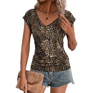imageZeagoo Womens Summer Tops Cute V Neck Cap Sleeve Tshirts Loose Fit Dressy Casual Shirts Ruched Top TeesLeopard Print