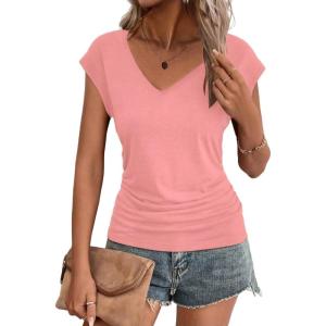 imageZeagoo Womens Summer Tops Cute V Neck Cap Sleeve Tshirts Loose Fit Dressy Casual Shirts Ruched Top TeesPink