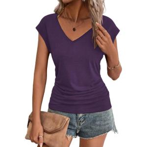imageZeagoo Womens Summer Tops Cute V Neck Cap Sleeve Tshirts Loose Fit Dressy Casual Shirts Ruched Top TeesPurple