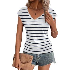 imageZeagoo Womens Summer Tops Cute V Neck Cap Sleeve Tshirts Loose Fit Dressy Casual Shirts Ruched Top TeesStriped White