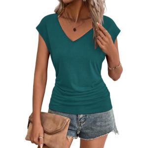 imageZeagoo Womens Summer Tops Cute V Neck Cap Sleeve Tshirts Loose Fit Dressy Casual Shirts Ruched Top TeesTeal