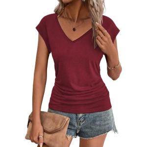 imageZeagoo Womens Summer Tops Cute V Neck Cap Sleeve Tshirts Loose Fit Dressy Casual Shirts Ruched Top TeesWine Red