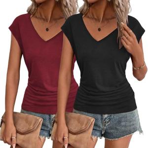 imageZeagoo Womens Summer Tops Cute V Neck Cap Sleeve Tshirts Loose Fit Dressy Casual Shirts Ruched Top TeesWine Red black