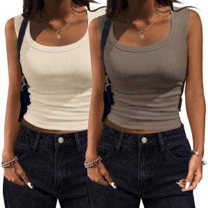 imageZeagoo Womens Summer Tops Square Neck Ribbed Tank Tops Slim Fitted Racerback Sleeveless Shirts Basic Casual 2 PackBbeigeleaf