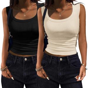 imageZeagoo Womens Summer Tops Square Neck Ribbed Tank Tops Slim Fitted Racerback Sleeveless Shirts Basic Casual 2 PackBblackbeige