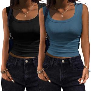 imageZeagoo Womens Summer Tops Square Neck Ribbed Tank Tops Slim Fitted Racerback Sleeveless Shirts Basic Casual 2 PackBblackblue