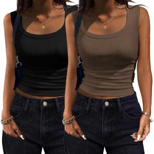 imageZeagoo Womens Summer Tops Square Neck Ribbed Tank Tops Slim Fitted Racerback Sleeveless Shirts Basic Casual 2 PackBblackbrown