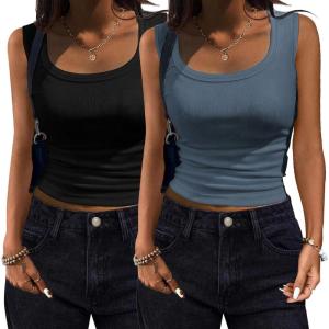 imageZeagoo Womens Summer Tops Square Neck Ribbed Tank Tops Slim Fitted Racerback Sleeveless Shirts Basic Casual 2 PackBblackgrey Blue