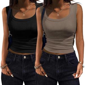imageZeagoo Womens Summer Tops Square Neck Ribbed Tank Tops Slim Fitted Racerback Sleeveless Shirts Basic Casual 2 PackBblackleaf