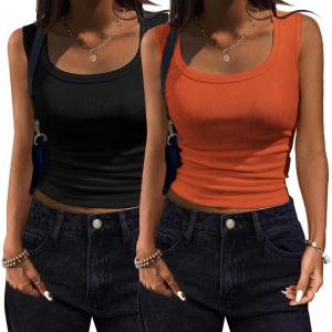 imageZeagoo Womens Summer Tops Square Neck Ribbed Tank Tops Slim Fitted Racerback Sleeveless Shirts Basic Casual 2 PackBblackorange