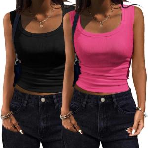 imageZeagoo Womens Summer Tops Square Neck Ribbed Tank Tops Slim Fitted Racerback Sleeveless Shirts Basic Casual 2 PackBblackrose