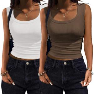 imageZeagoo Womens Summer Tops Square Neck Ribbed Tank Tops Slim Fitted Racerback Sleeveless Shirts Basic Casual 2 PackBwhitebrown
