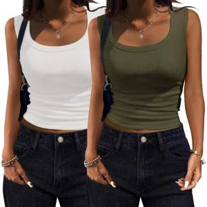 imageZeagoo Womens Summer Tops Square Neck Ribbed Tank Tops Slim Fitted Racerback Sleeveless Shirts Basic Casual 2 PackBwhitegreen