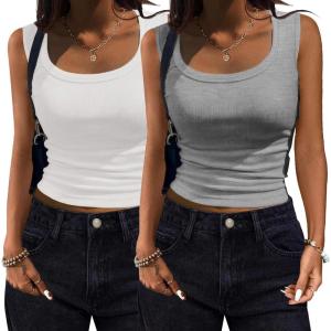 imageZeagoo Womens Summer Tops Square Neck Ribbed Tank Tops Slim Fitted Racerback Sleeveless Shirts Basic Casual 2 PackBwhitegrey