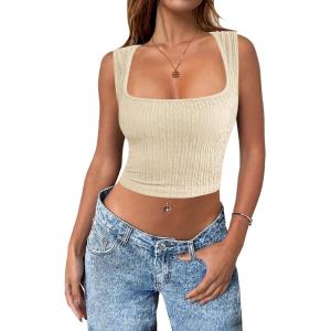 imageZeagoo Womens Sleeveless Crop Top Square Neck Tank Top Workout Fitness Summer Basic Tops 2024 Trendy Going Out TopsBeige