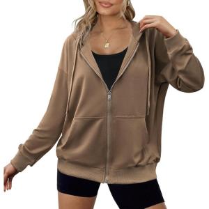 imageZeagoo Womens Lightweight Hoodies Full Zip Up Oversized Sweatshirts with Pockets Long Sleeve Thin Casual Hooded JacketsBrown