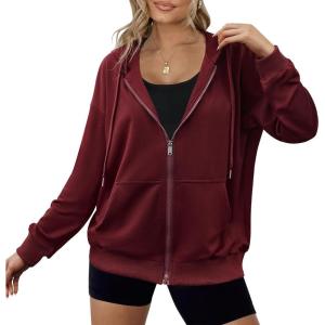 imageZeagoo Womens Lightweight Hoodies Full Zip Up Oversized Sweatshirts with Pockets Long Sleeve Thin Casual Hooded JacketsWine Red